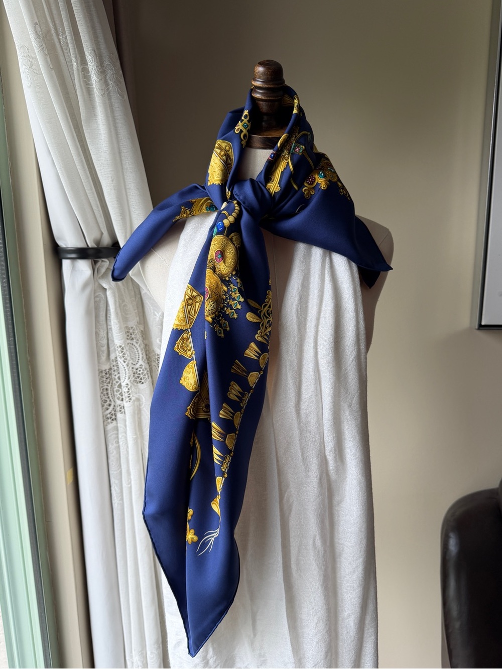 Hermes Navy & Gold Silk-Look Scarf with Jewel Motif - Picture 4 of 5